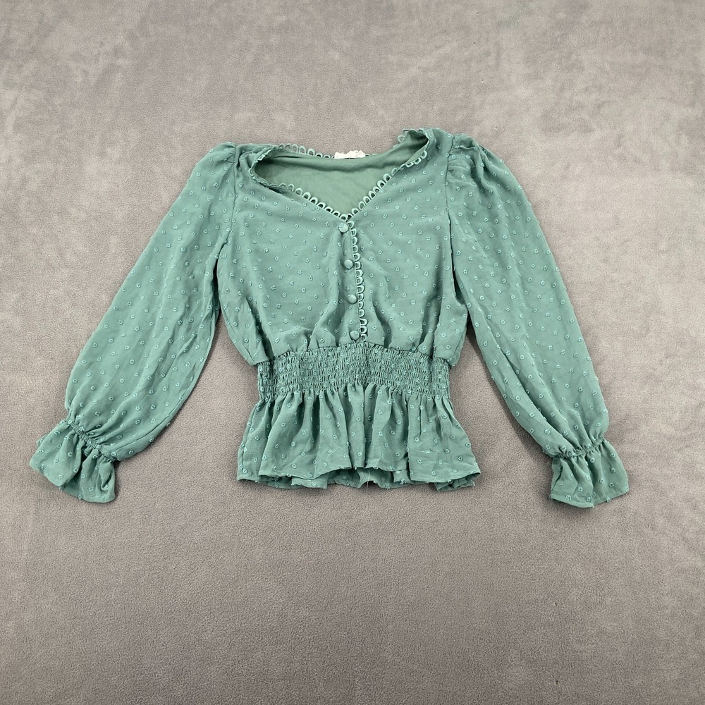 By the River Blouse Top Women S Green Swiss Dot Lace Detail Smocked Button Front